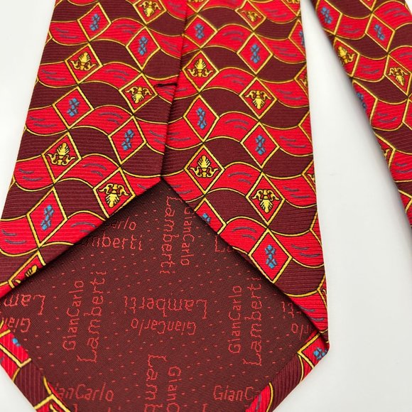 Lamberti Necktie Red Multicolor Diamond Emblem Business Office Italy - Picture 7 of 7